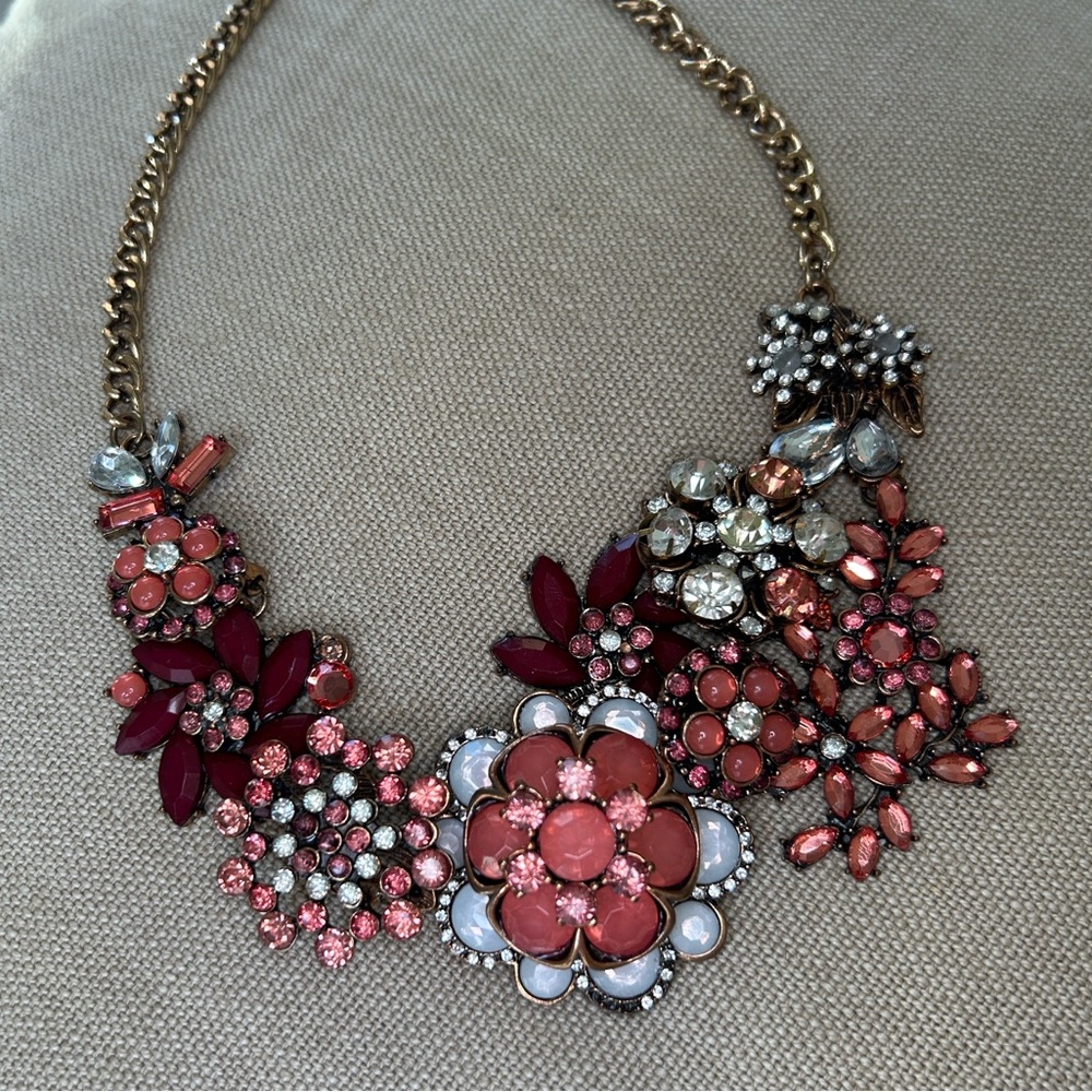 Large Floral Bib/Statement Necklace in Peach Pink, Maroon & Pale Blue